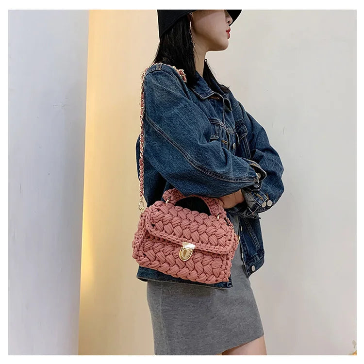 Woven Cotton Chain Crossbody Handbag