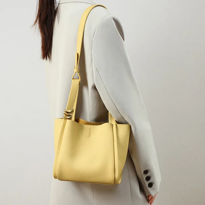 Genuine Leather Yellow Bucket Tote Bag for Women