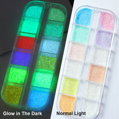 12 Grid Glow Nail Art Glitter Powder
