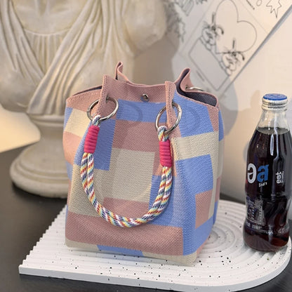 Color Block Knitted Cotton Bucket Tote Bag