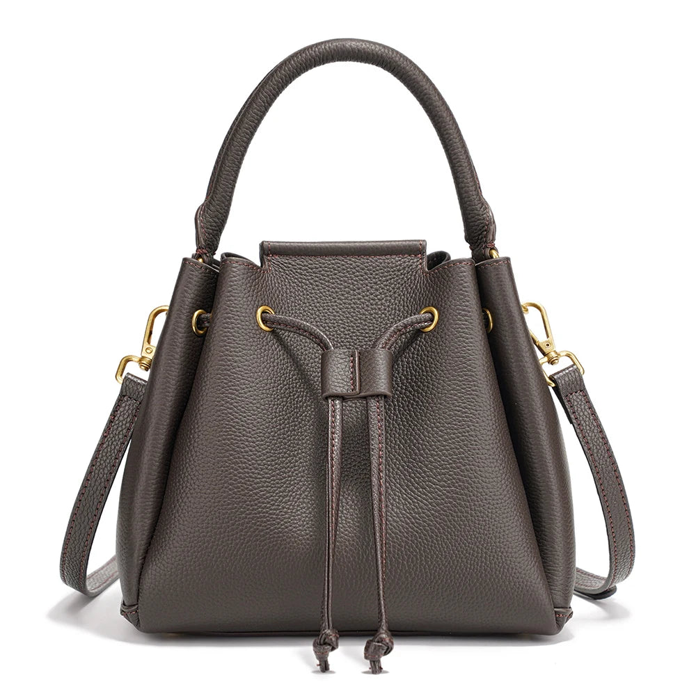 Genuine Leather Top-Handle Bucket Bag