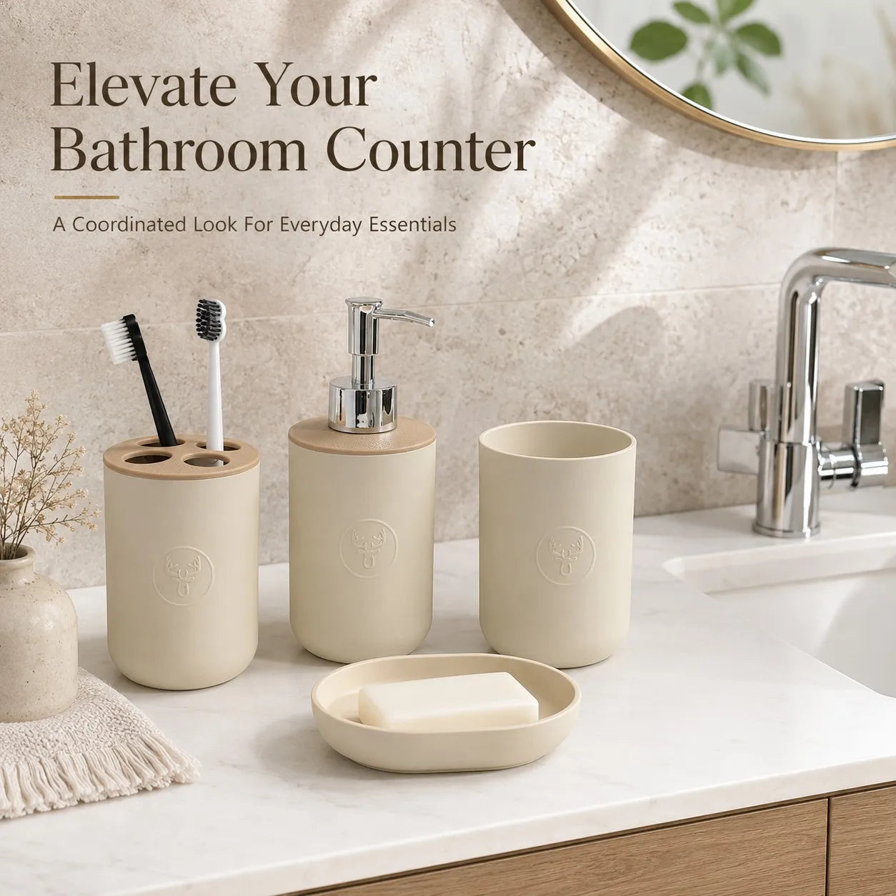 Plastic Soap Dispenser, Toothbrush Holder, Tumbler & Soap Dish Set