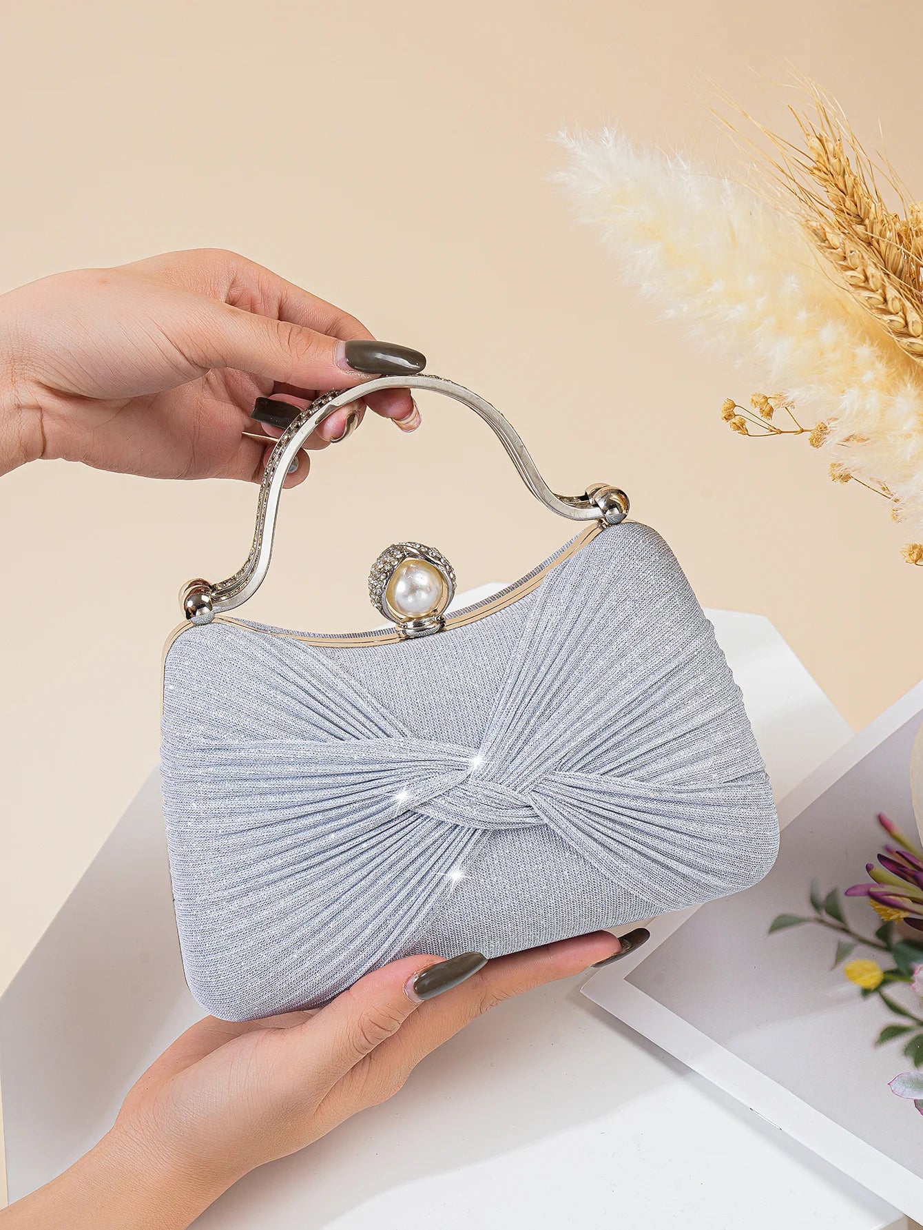 Ruched Glitter Evening Clutch Bag