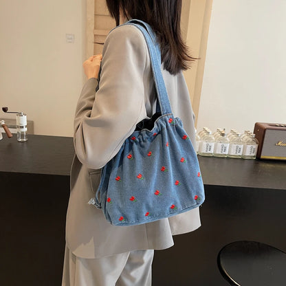 Embroidered Denim Drawstring Shoulder Tote Bag