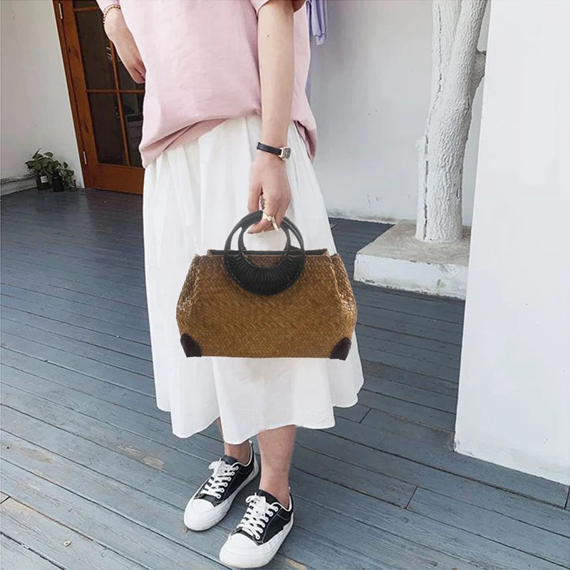 Woven Straw-Style Bamboo Handle Bag