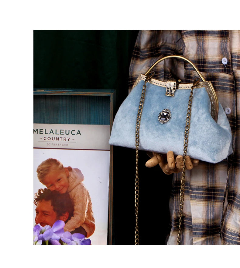 Vintage Aqua Velvet Clasp Evening Clutch Bag