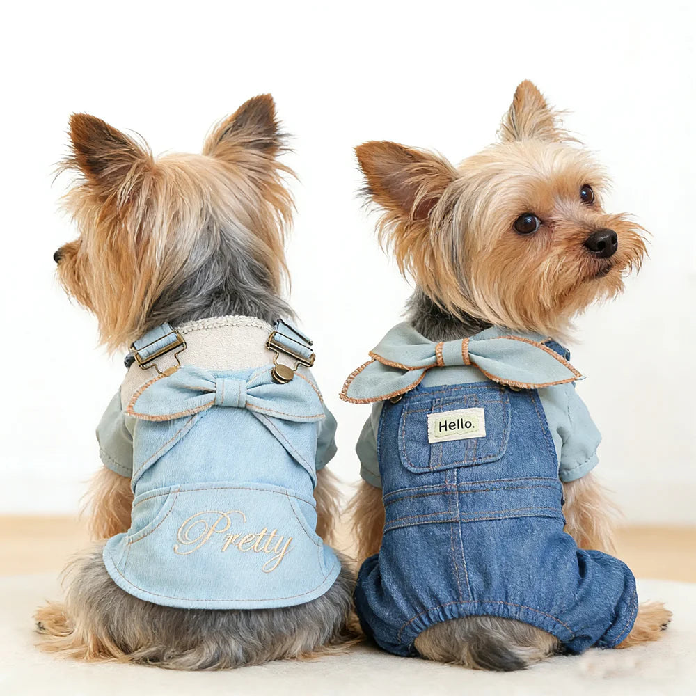 Fashion Dog Denim Jumpsuit with Bowknot Design