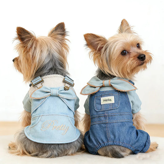 Fashion Dog Denim Jumpsuit with Bowknot Design