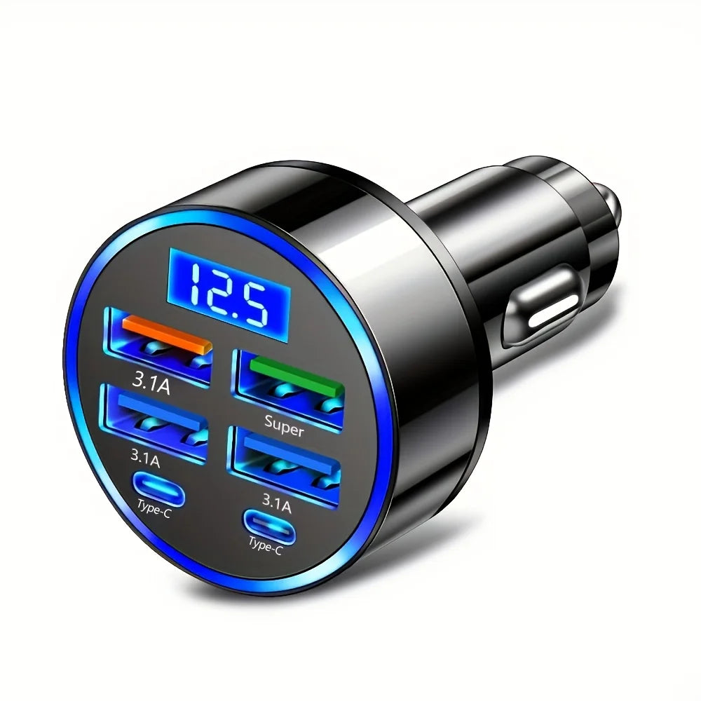 6-in-1 Fast Charging Car Charger with Digital Display