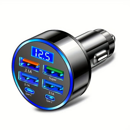 6-in-1 Fast Charging Car Charger with Digital Display
