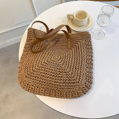 Handmade Woven Straw Beach Tote Bag