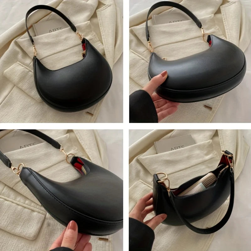 Minimalist PU Leather Crescent Shoulder Handbag
