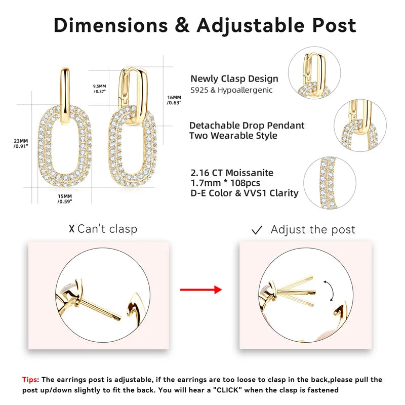 925 Sterling Silver Moissanite Paperclip Drop Earrings