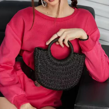 Half-Round Woven Straw Beach Tote Bag