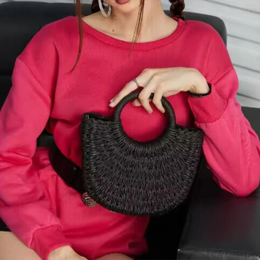Half-Round Woven Straw Beach Tote Bag