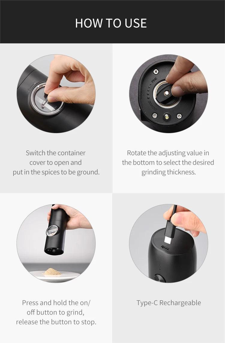 Electric Stainless Steel Spice Grinder with LED Light & Charging Base