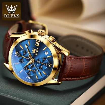 OLEVS 2872 Men's Leather Quartz Watch with Date & Luminous Dial