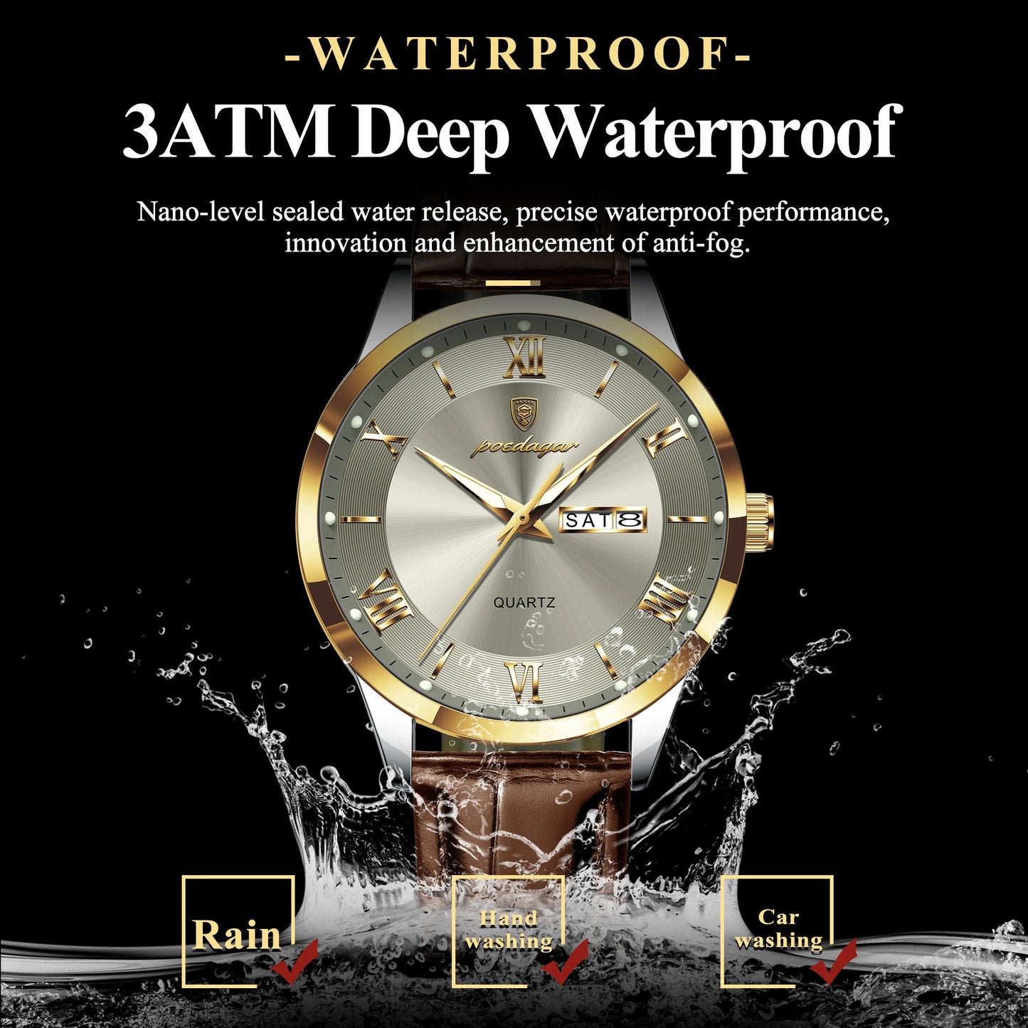 Men's Leather Quartz Watch with Date & Week Display