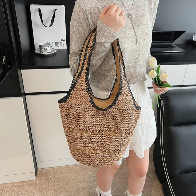 Woven Cotton Bucket Shoulder Bag