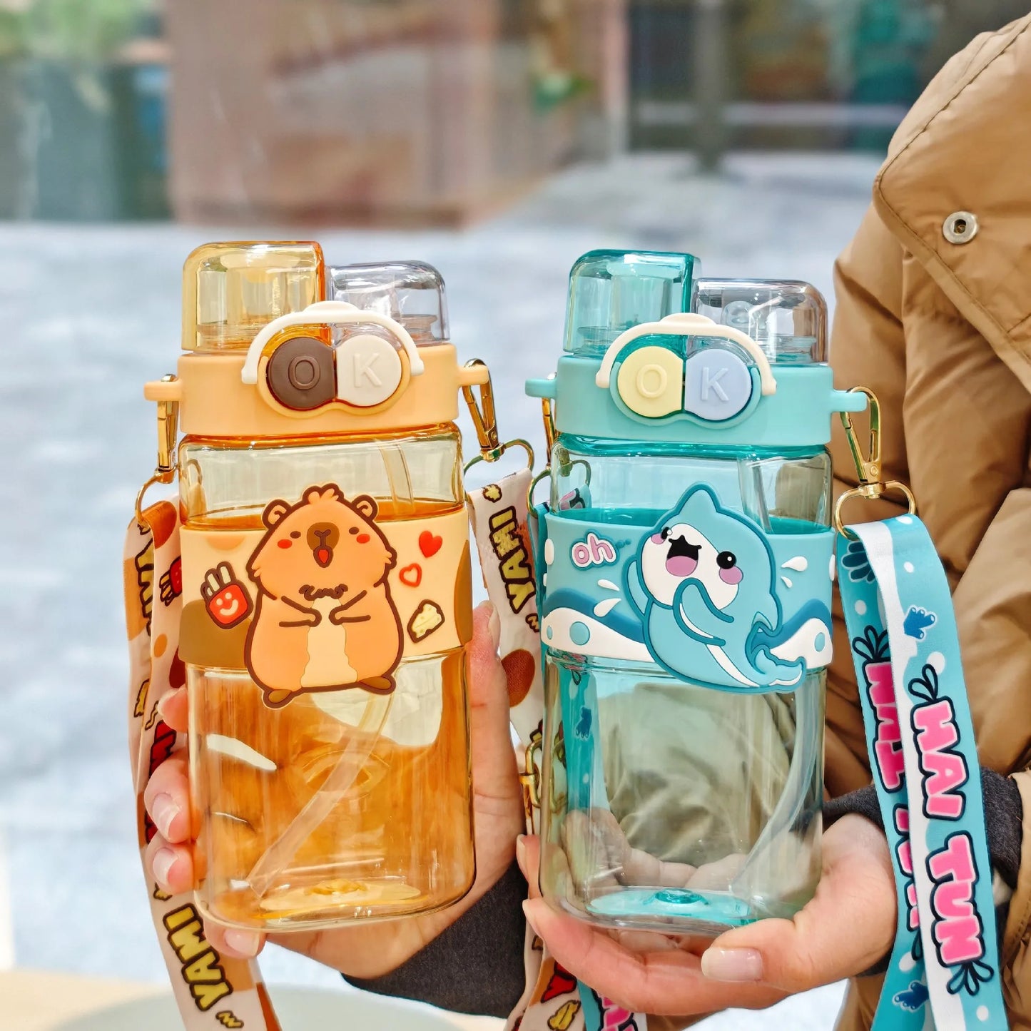 Kids Capybara Straw Water Bottle 750ml with Carry Strap