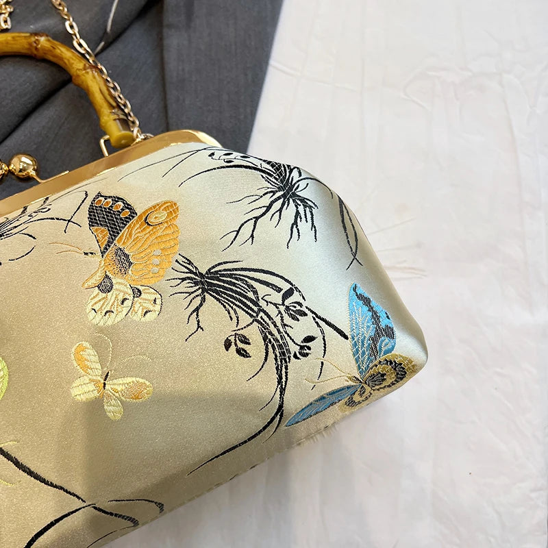 Luxury Embroidered Evening Handbag with Bamboo Handle