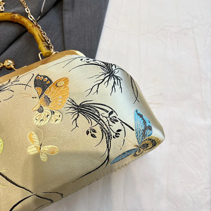 Luxury Embroidered Evening Handbag with Bamboo Handle