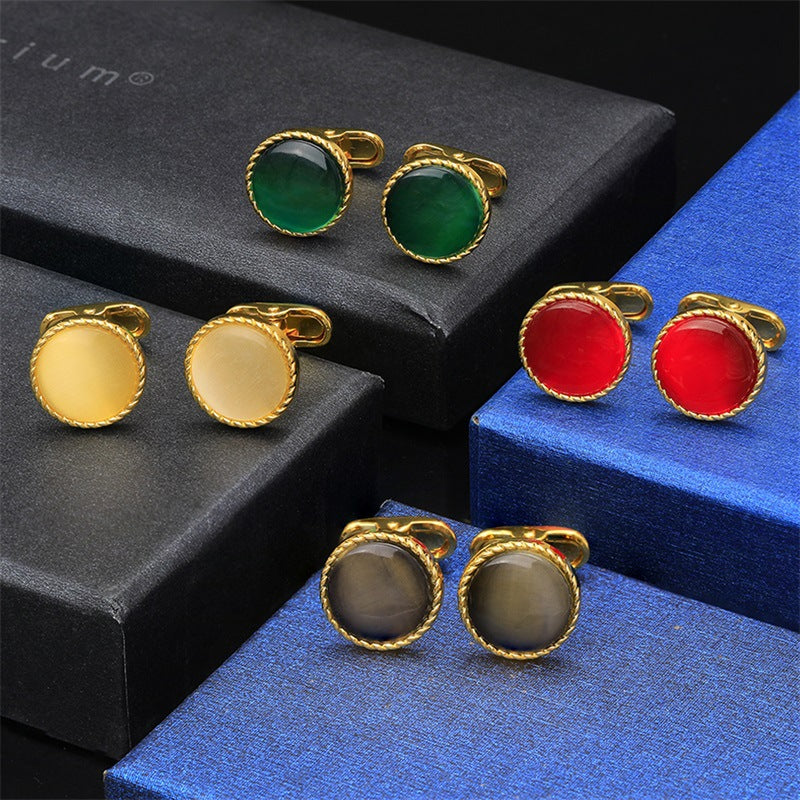 Round Gold-Tone Cufflinks with Coloured Stone
