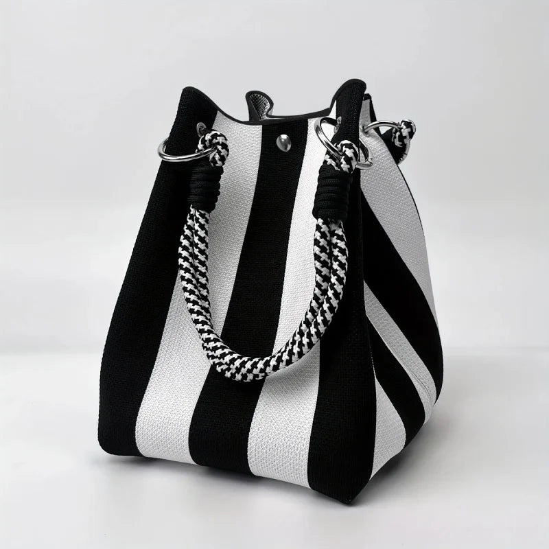 Color Block Knitted Cotton Bucket Tote Bag