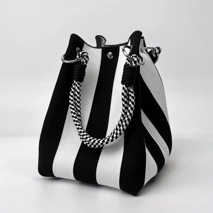Color Block Knitted Cotton Bucket Tote Bag