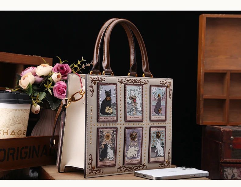 Vintage Cat Print Leather Tote Bag