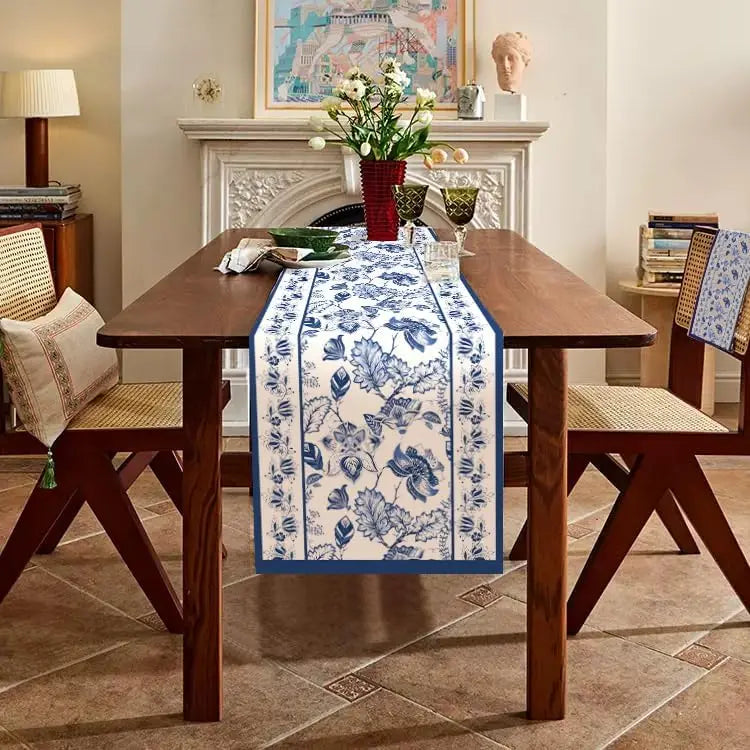 Blue Floral Linen Table Runner