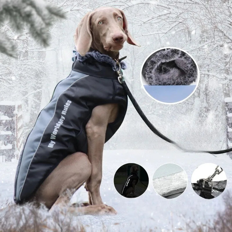 Reflective Winter Dog Coat with Faux Fur Collar for Large Dogs