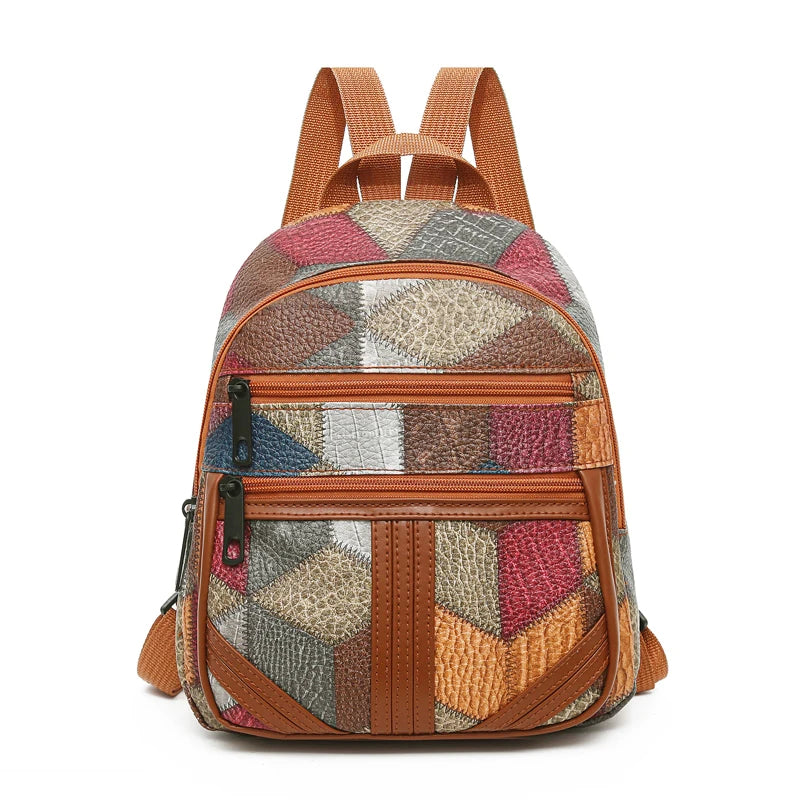 Vintage Patchwork PU Leather Casual Backpack