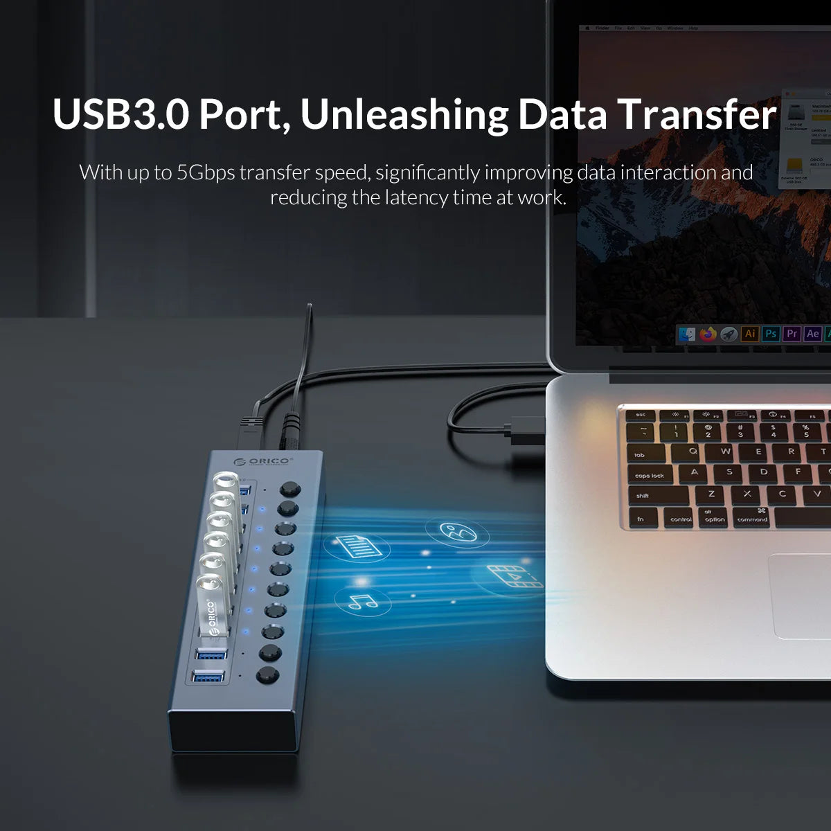 Multi-Port USB 3.0 Data Hub & Power Adapter for PC and Laptop