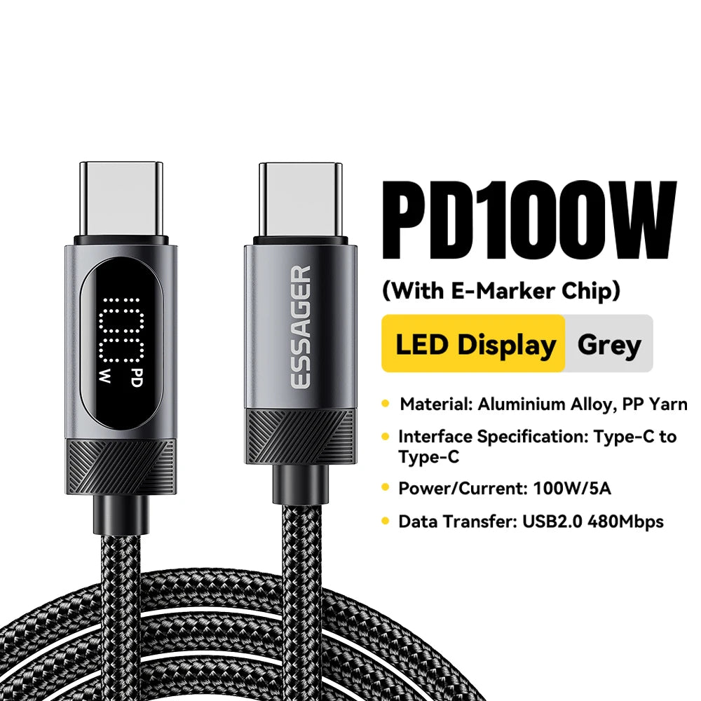 Essager Braided USB-C PD Charging Cable – 100W with Digital Display