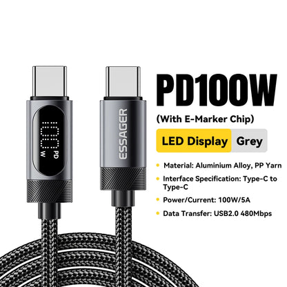 Essager Braided USB-C PD Charging Cable – 100W with Digital Display