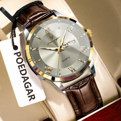 Men's Leather Quartz Watch with Date & Week Display