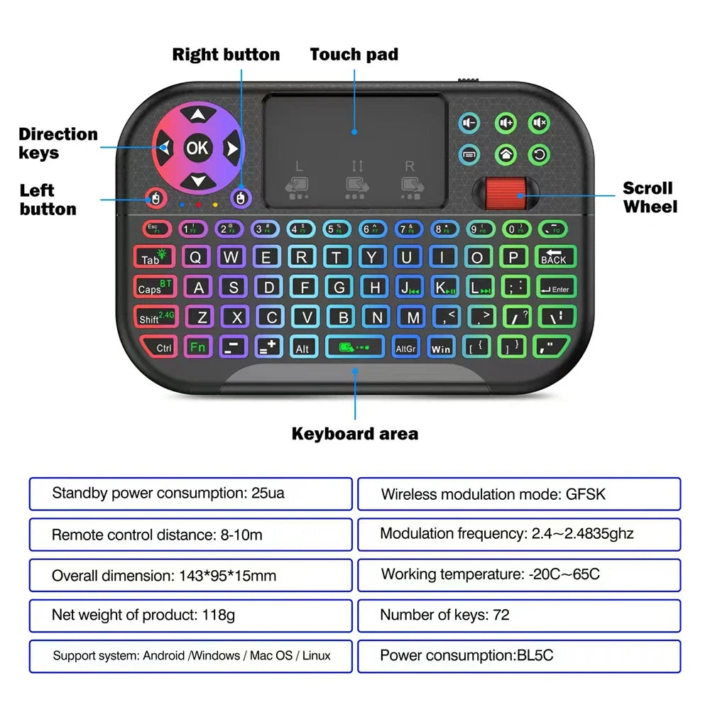 Dual-Mode Bluetooth & 2.4G Mini Keyboard with Touchpad and Scroll Wheel