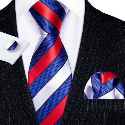 Barry Wang Jacquard Striped Silk Men's Tie Pocket Square Cufflinks Set