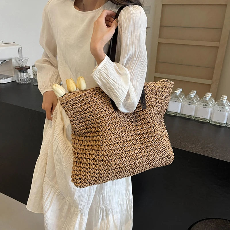Large Woven Straw Beach Tote Bag