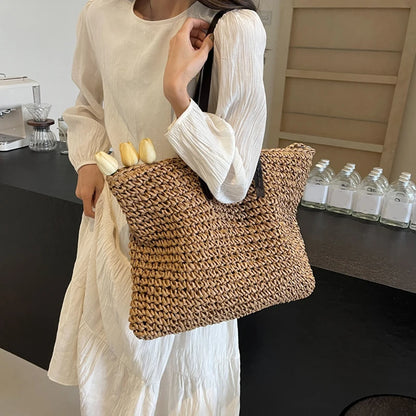 Large Woven Straw Beach Tote Bag