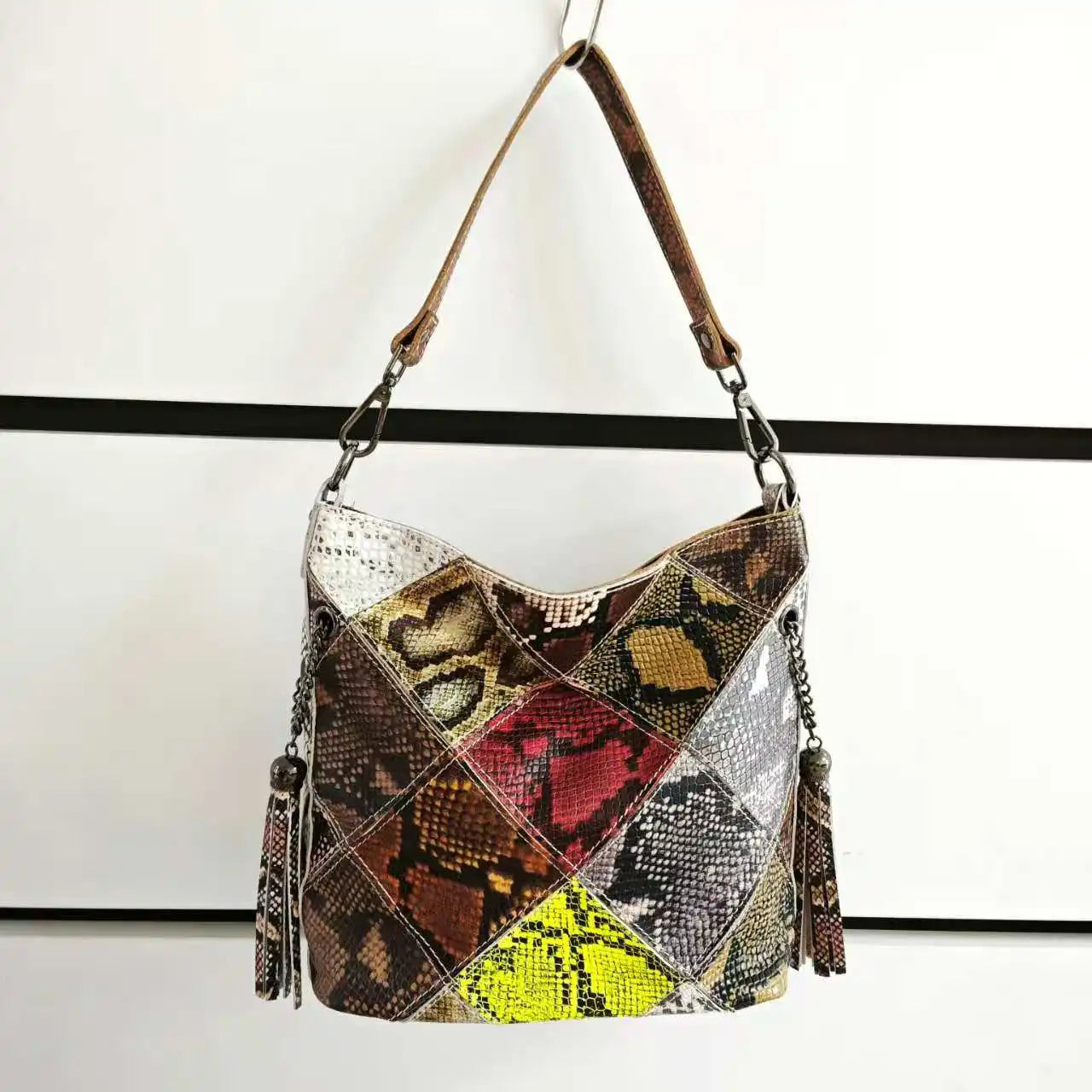 Designer Cow Leather Color Block Crossbody Bucket Handbag