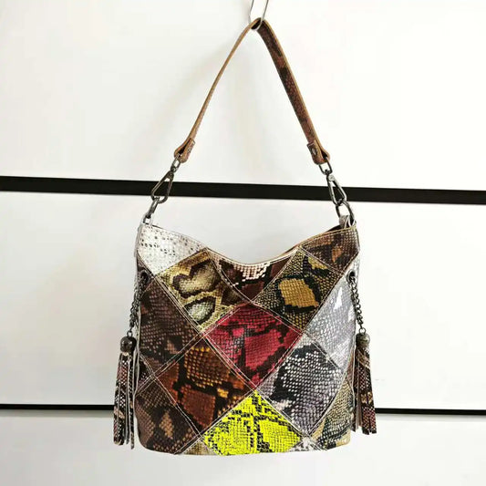 Designer Cow Leather Color Block Crossbody Bucket Handbag