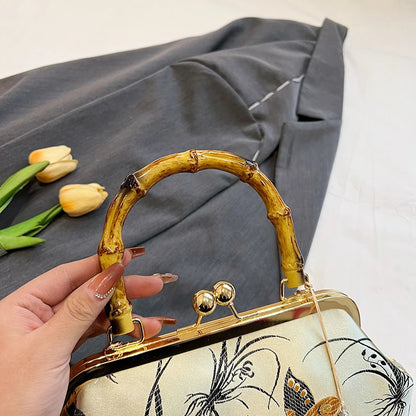Luxury Embroidered Evening Handbag with Bamboo Handle