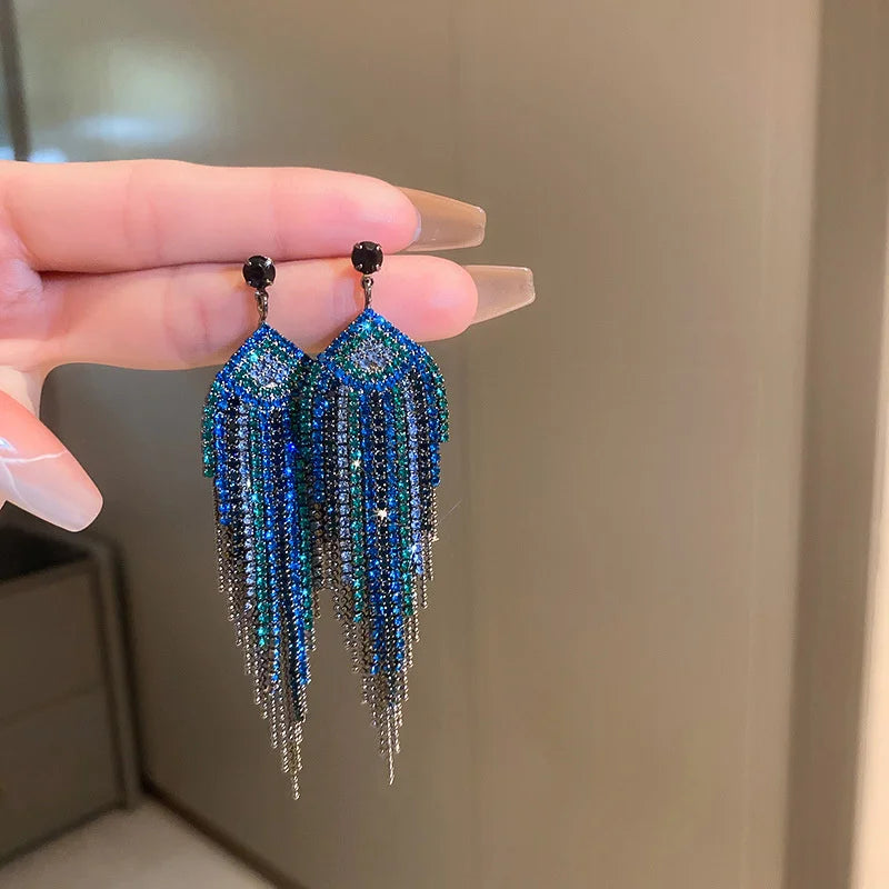 Blue Crystal Long Tassel Drop Earrings
