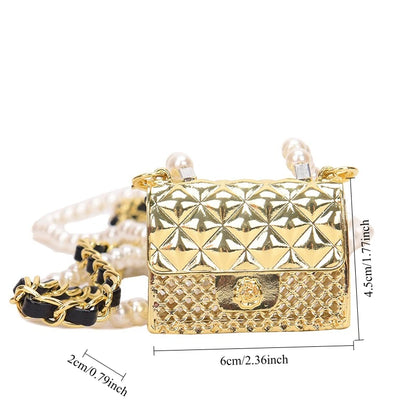 Mini Metallic Evening Box Bag with Pearl Chain