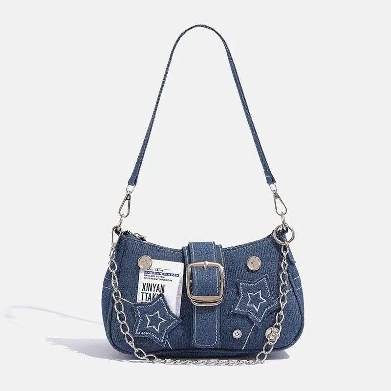 Denim Canvas Shoulder Bag with Chain Strap