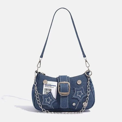 Denim Canvas Shoulder Bag with Chain Strap