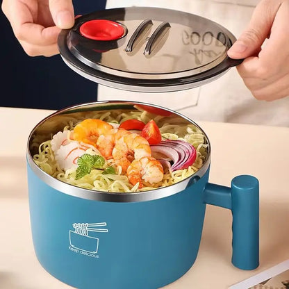 Insulated Stainless Steel Instant Noodle Bowl with Lid & Built-In Strainer