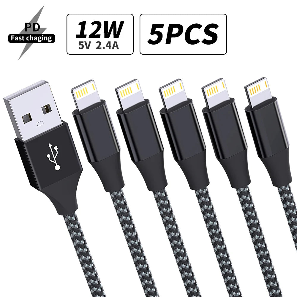 5-Pack Braided USB to Lightning Charging Cables